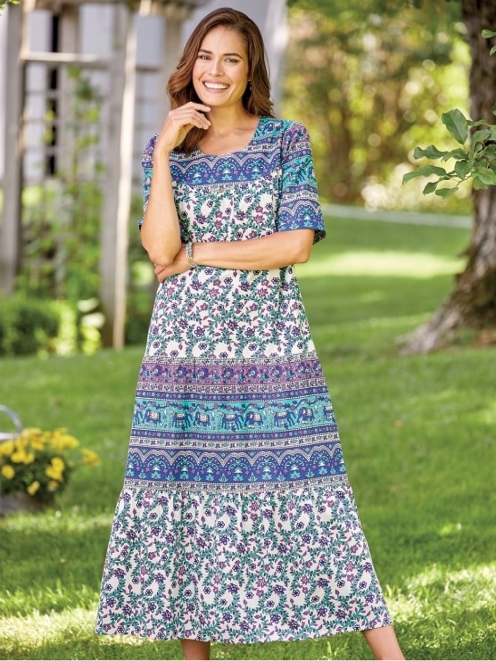 Cotton Tiered Muumuu Dress Long Pockets Womens Large Floral Elephant Print Boho